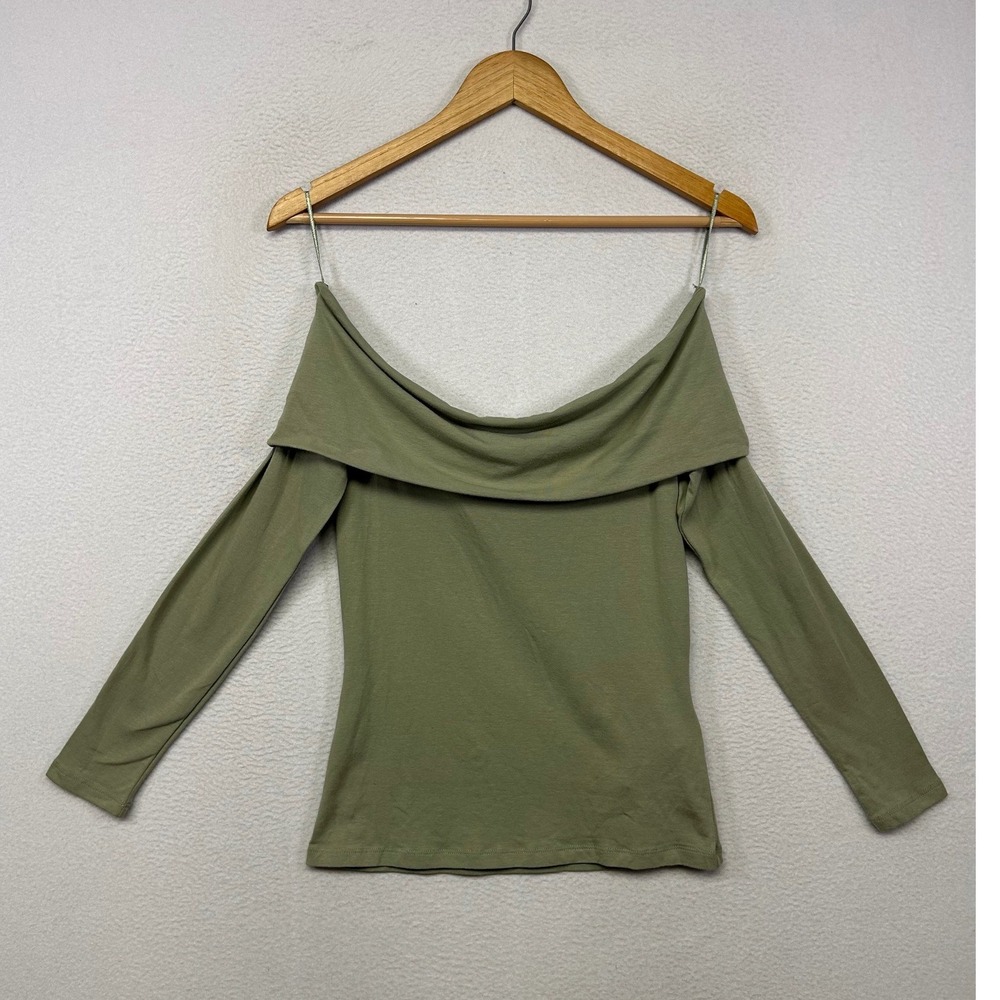 Abercrombie & Fitch Off Shoulder Minimalist Womens M Olive Green Long Sleeve Top